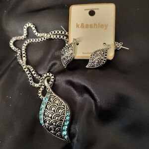K&Ashley Silver Blue Rhinestones Teardrop Necklace & Silver Matching Earrings